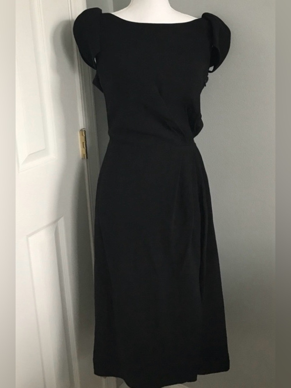 Giorgio Armani Black Midi Dress with Layered Cap Sleeves